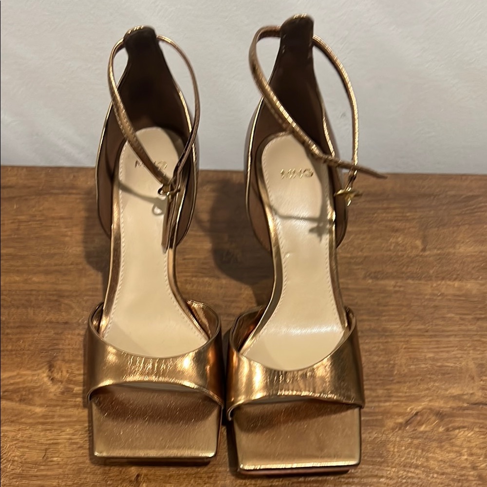 Mango Gold Heels with Ankle Strap and Stiletto
